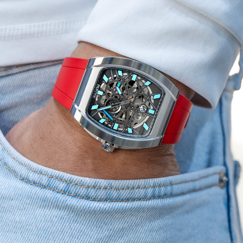 Frost NYC Mens Watch - Automatic Skeleton Stainless Steel Sport Watch | FRST-01-SS | Red