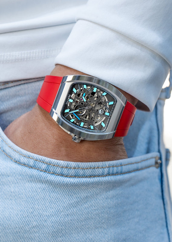 Frost NYC Mens Watch - Automatic Skeleton Stainless Steel Sport Watch | FRST-01-SS | Red