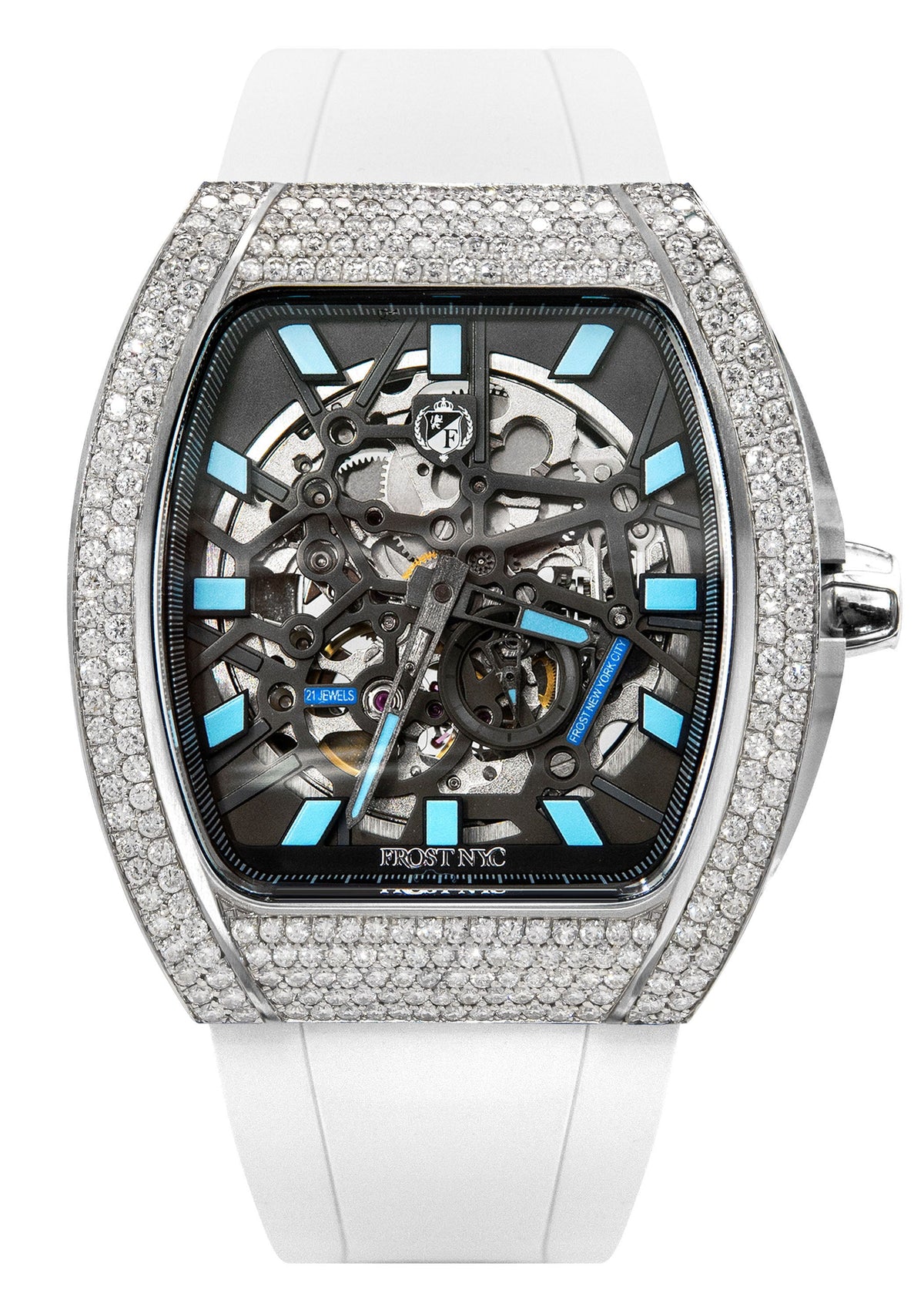 Frost NYC Mens Watch - Automatic Skeleton Stainless Steel Diamond Sport Watch | FRST-01-SS-D | White