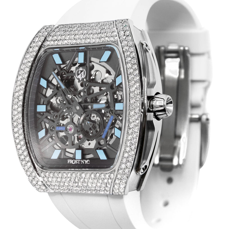Frost NYC Mens Watch - Automatic Skeleton Stainless Steel Diamond Sport Watch | FRST-01-SS-D | White