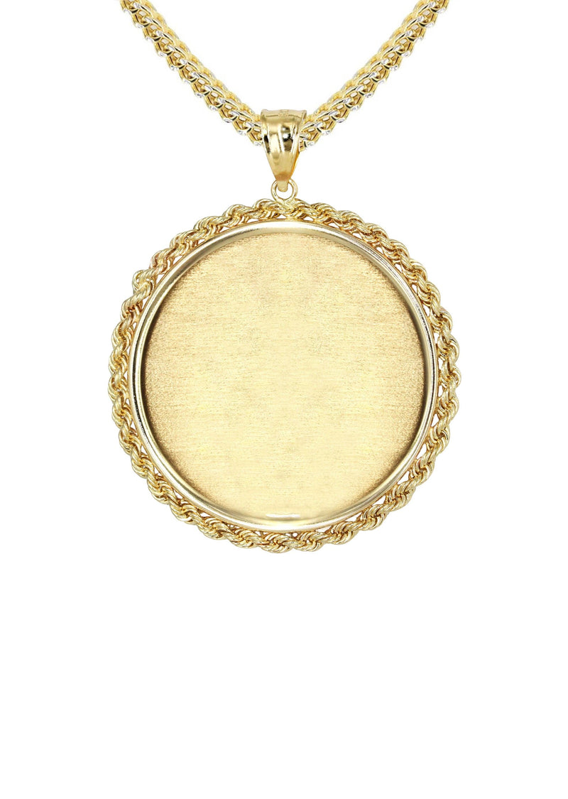 14K Yellow Gold Round Rope Link Picture Pendant Necklace | Appx. 1.2 Inch