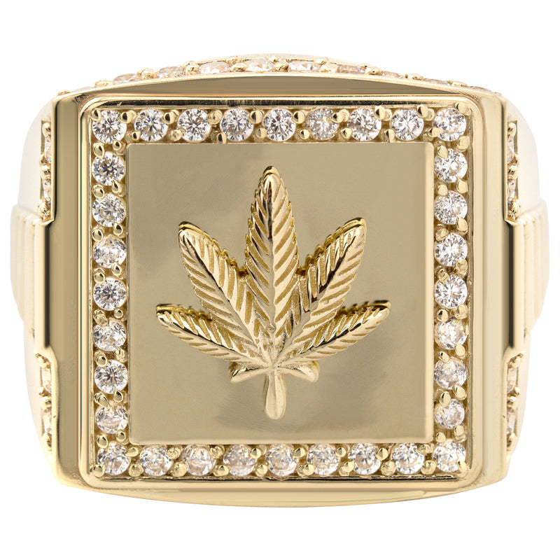10K Gold Cz Marihuana Leaf Ring For Men | 6 Grams