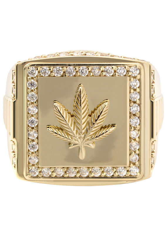 10K Gold Cz Marihuana Leaf Ring For Men | 6 Grams