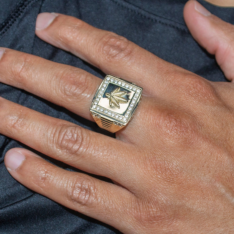 10K Gold Cz Marihuana Leaf Ring For Men | 6 Grams