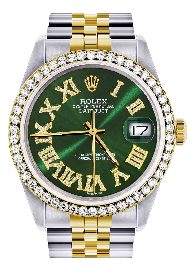 Gold & Steel Rolex Datejust Watch 16233 for Men | 36Mm | Green Roman Dial | Jubilee Band