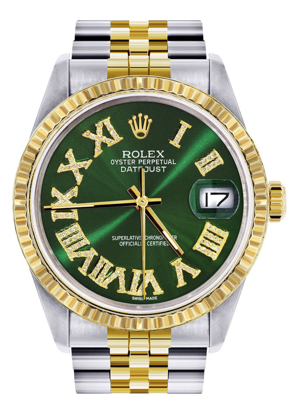 Mens Rolex Datejust Watch 16233 Two Tone | 36Mm | Green Roman Dial | Jubilee Band