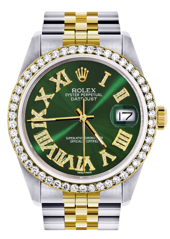 Gold & Steel Rolex Datejust Watch 16233 for Men | 36Mm | Green Roman Dial | Jubilee Band