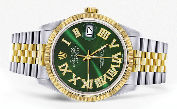 Mens Rolex Datejust Watch 16233 Two Tone | 36Mm | Green Roman Dial | Jubilee Band