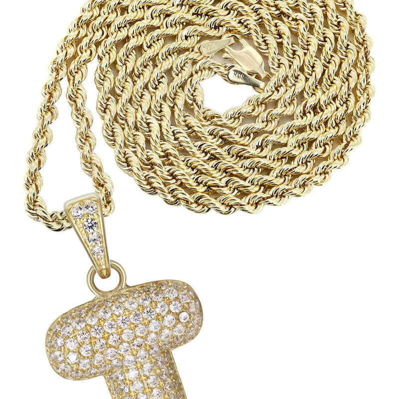 10K Yellow Gold Bubble Letter "T" CZ Necklace | Appx. 13 Grams