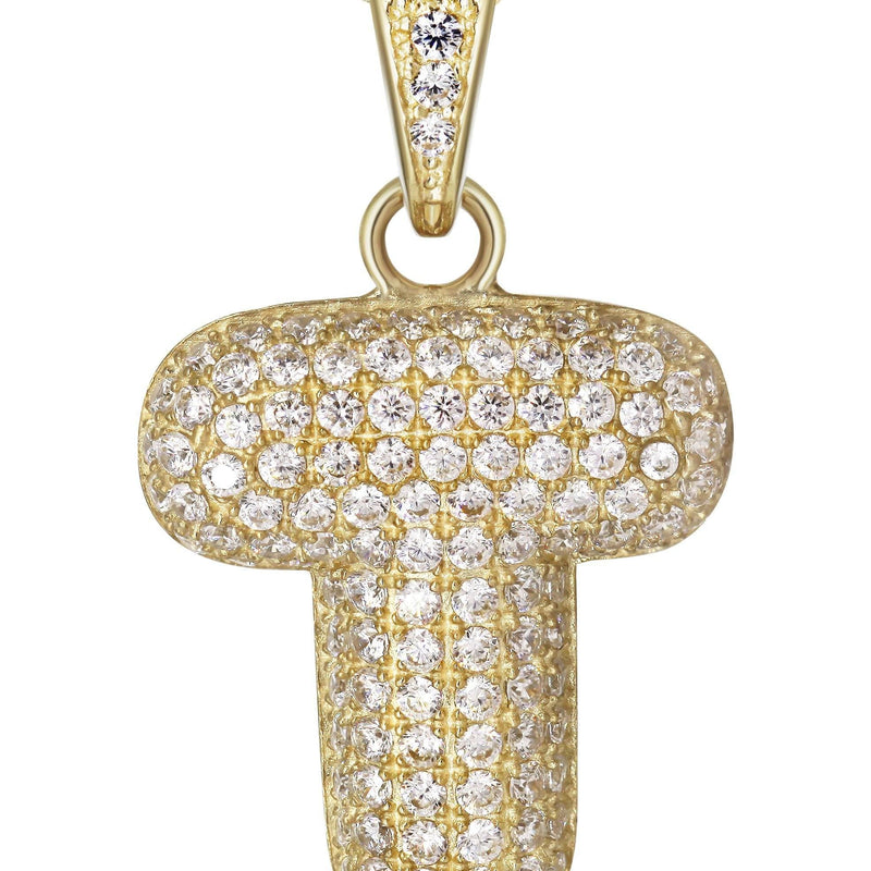 10K Yellow Gold Bubble Letter "T" CZ Necklace | Appx. 13 Grams
