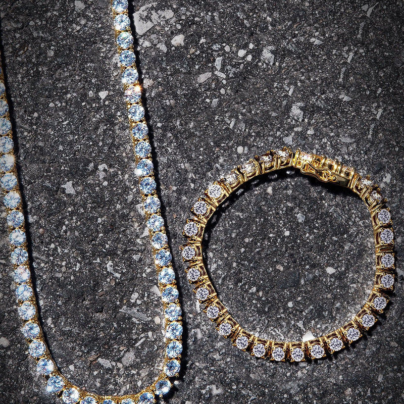 Gold Plated Iced Out Tennis Chain & Bracelet ( 4 Mm )