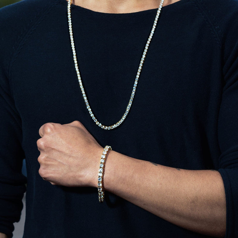 Gold Plated Iced Out Tennis Chain & Bracelet ( 4 Mm )