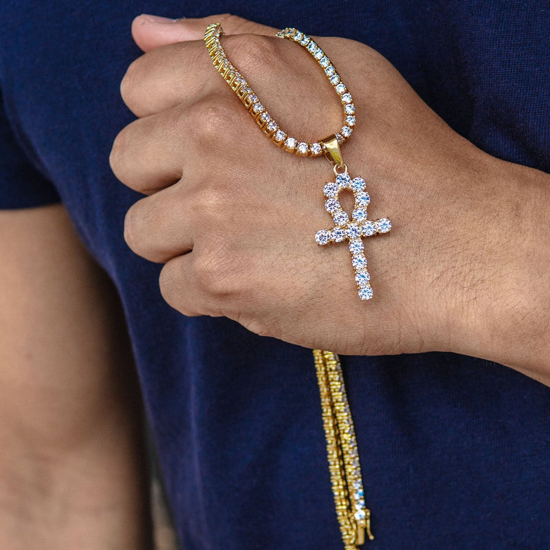 Gold Plated Iced Out Ankh & Tennis Chain ( 3 MM )