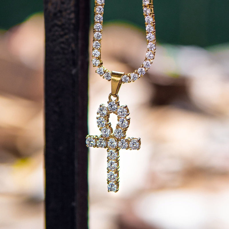 Gold Plated Iced Out Ankh & Tennis Chain ( 3 MM )