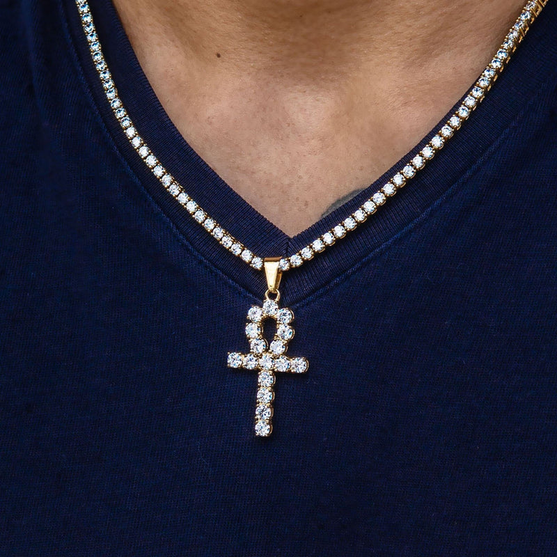 Gold Plated Iced Out Ankh & Tennis Chain ( 3 MM )