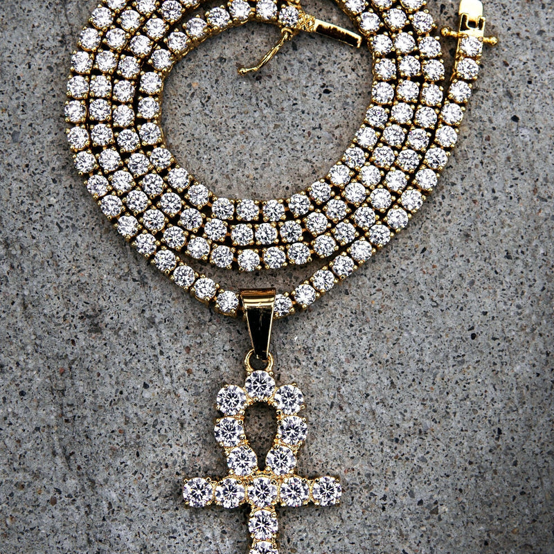 Gold Plated Iced Out Ankh & Tennis Chain ( 3 MM )