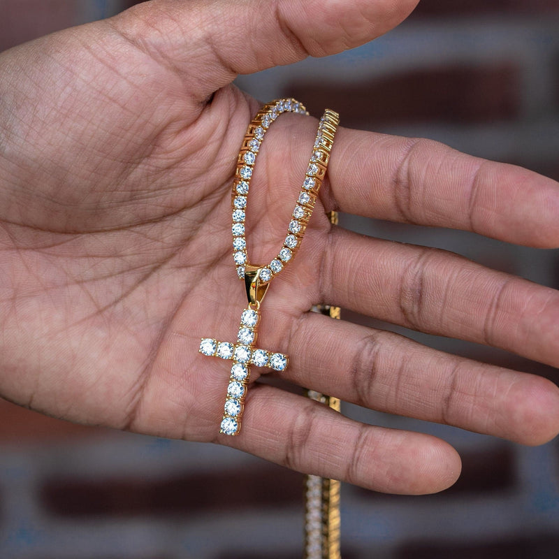 Gold Plated Iced Out Cross & Tennis Chain ( 3 MM )