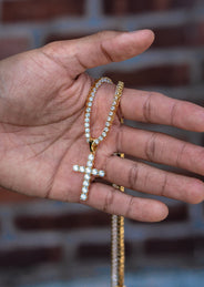 Gold Plated Iced Out Cross & Tennis Chain ( 3 MM )