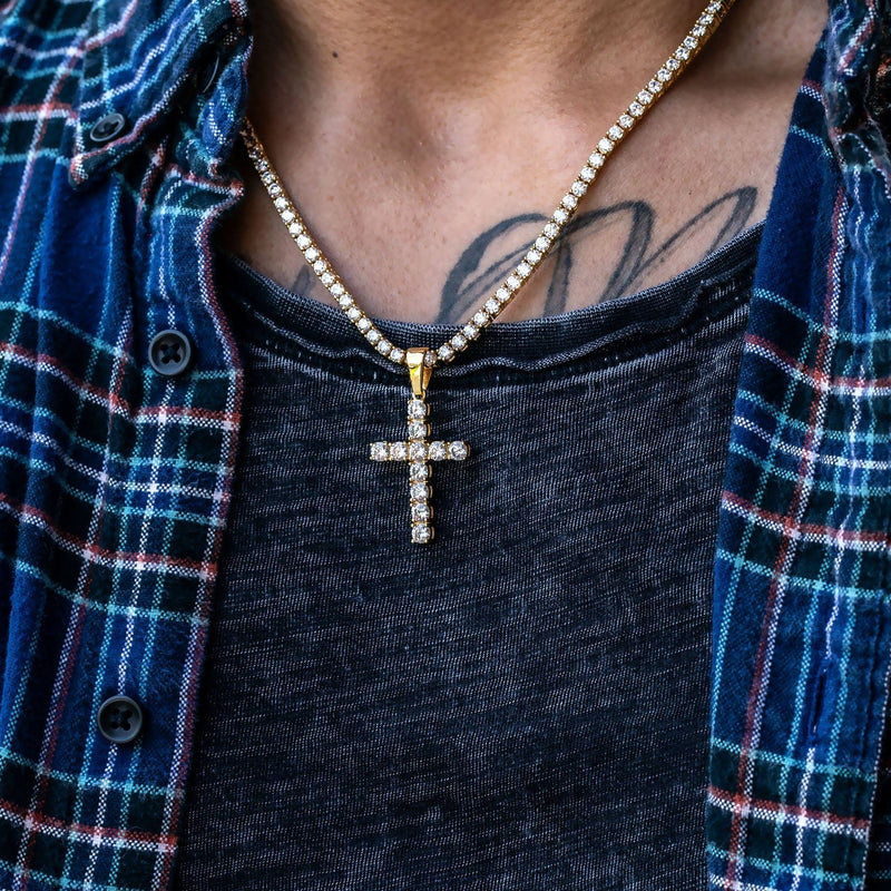 Gold Plated Iced Out Cross & Tennis Chain ( 3 MM )