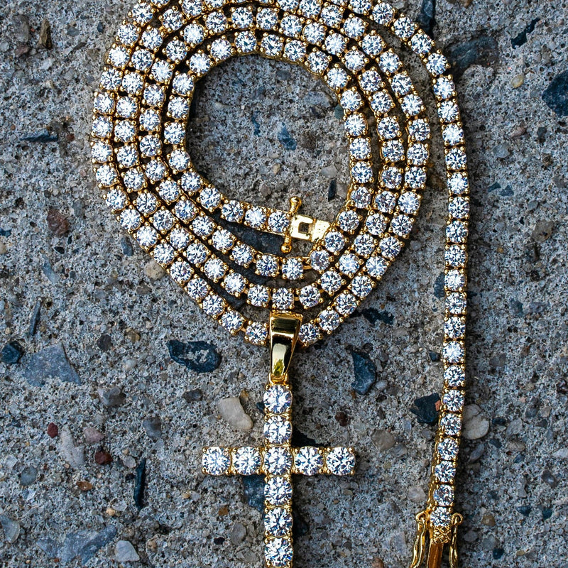 Gold Plated Iced Out Cross & Tennis Chain ( 3 MM )