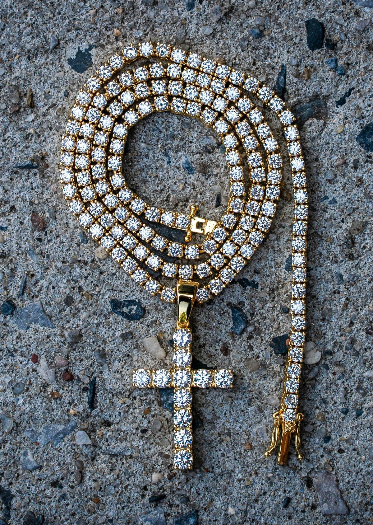 Gold Plated Iced Out Cross & Tennis Chain ( 3 MM )