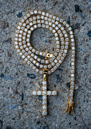 Gold Plated Iced Out Cross & Tennis Chain ( 3 MM )