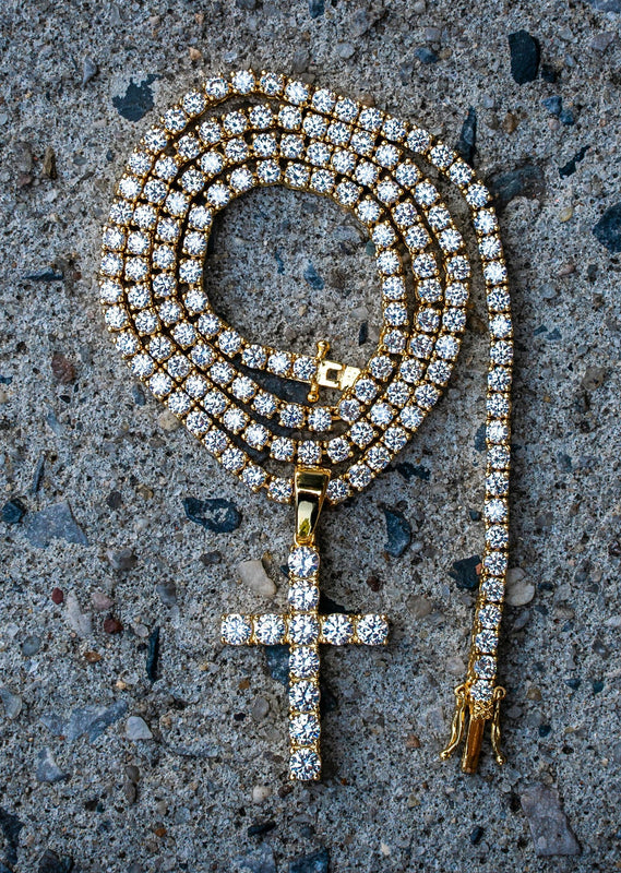 Gold Plated Iced Out Cross & Tennis Chain ( 3 MM )