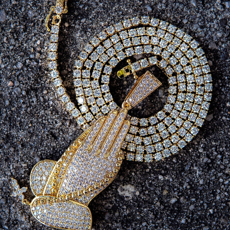 Gold Plated Iced Out Praying Hands & Tennis Chain Setup