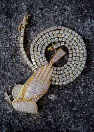 Gold Plated Iced Out Praying Hands & Tennis Chain Setup