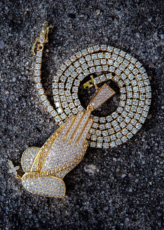 Gold Plated Iced Out Praying Hands & Tennis Chain Setup