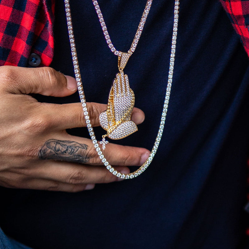 Gold Plated Iced Out Praying Hands & Tennis Chain Setup