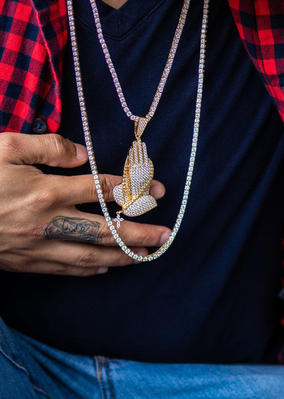Gold Plated Iced Out Praying Hands & Tennis Chain Setup