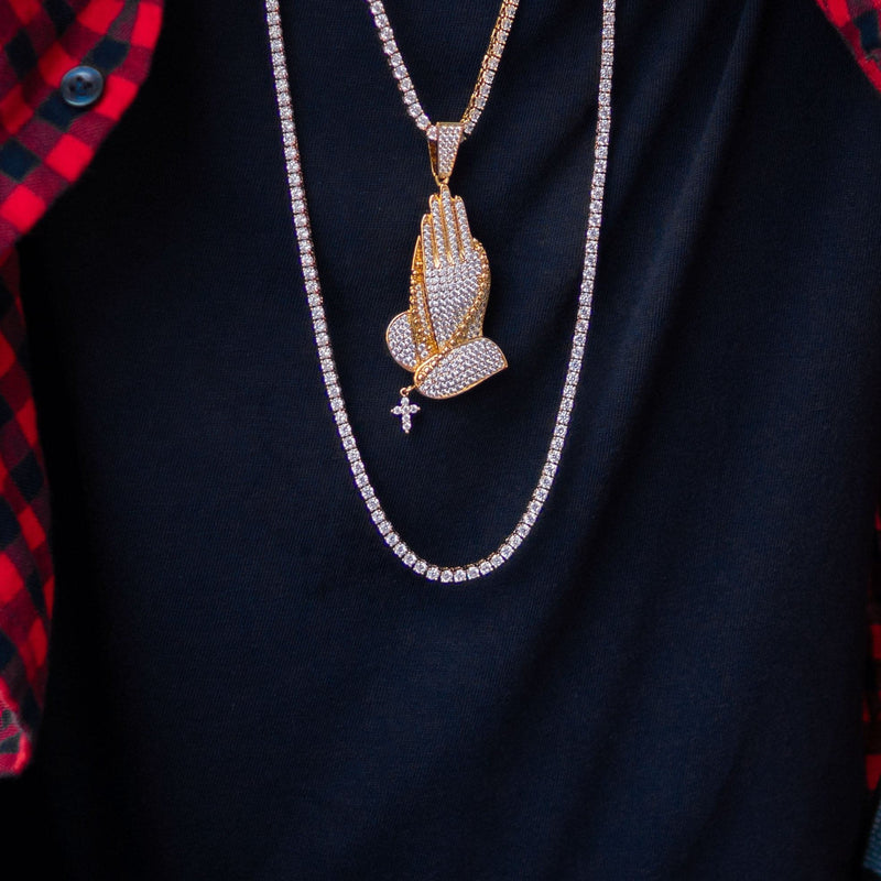 Gold Plated Iced Out Praying Hands & Tennis Chain Setup