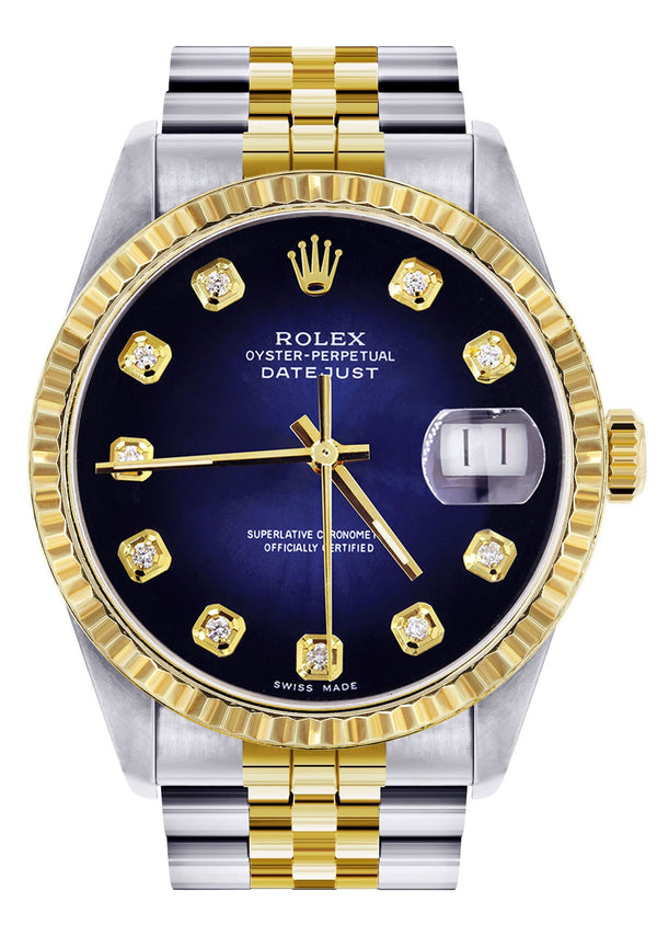 Mens Rolex Datejust Watch 16233 Two Tone | Fluted Bezel | 36Mm | Blue Black Dial | Jubilee Band