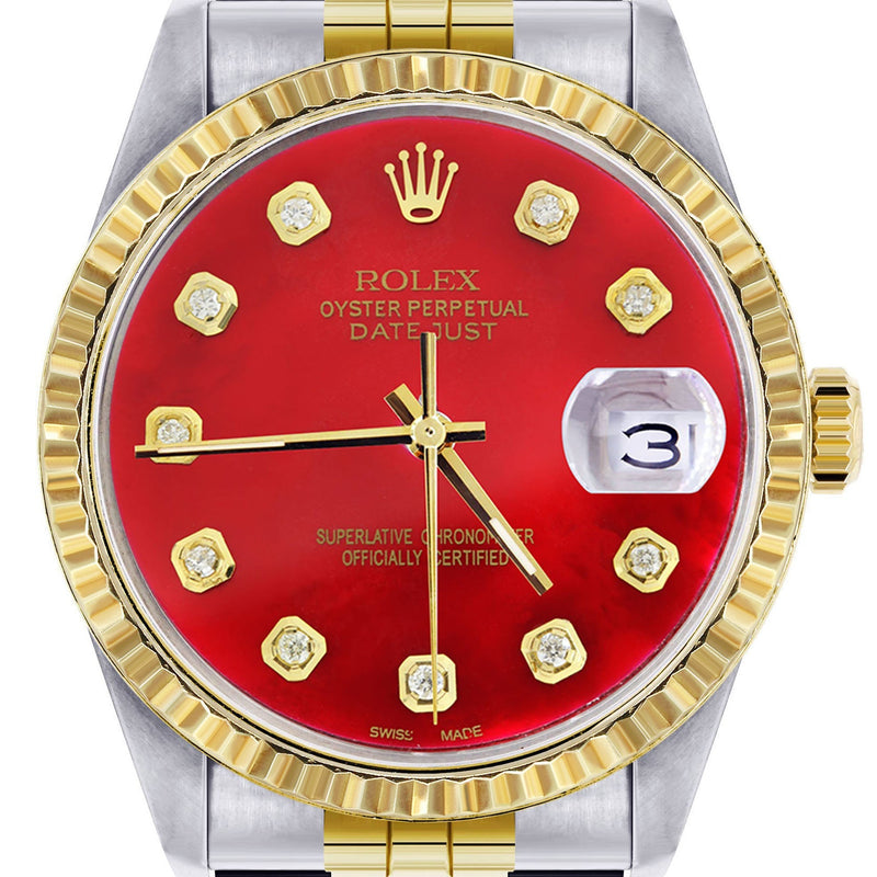 Womens Rolex Datejust Watch 16233 Two Tone | 36Mm | Red Dial | Fluted Bezel | Jubilee Band