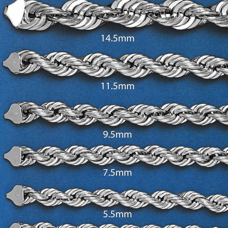 Mens Semi Solid  Rope Chain 10K White Gold