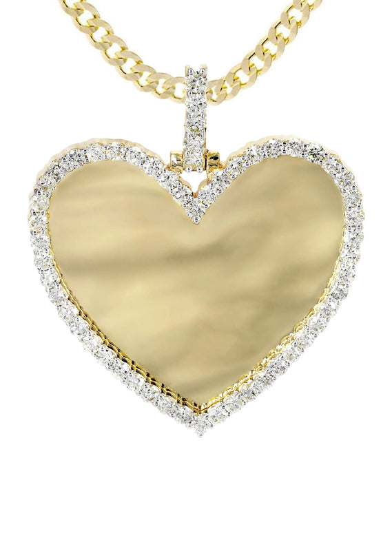 Diamond 10K Yellow Gold Large Heart Picture Pendant Necklace | 2.91 Carats | Appx. 21 Grams