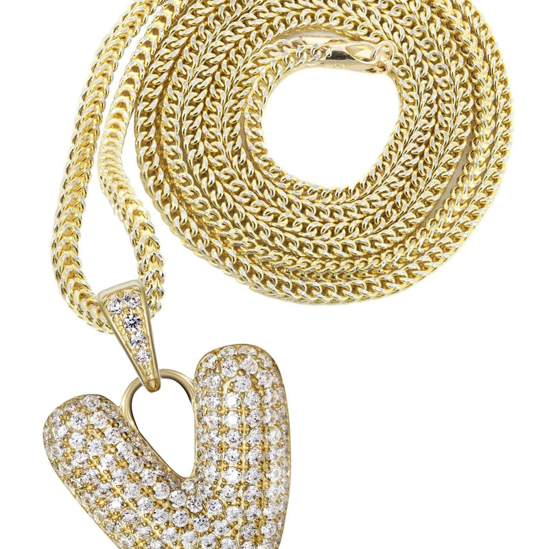 10K Yellow Gold Bubble Letter "V" CZ Necklace | Appx. 13.1 Grams
