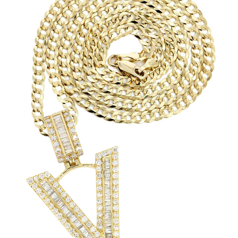 14K Yellow Gold Letter "V" Baguette Diamond Necklace | 1.81 Carats