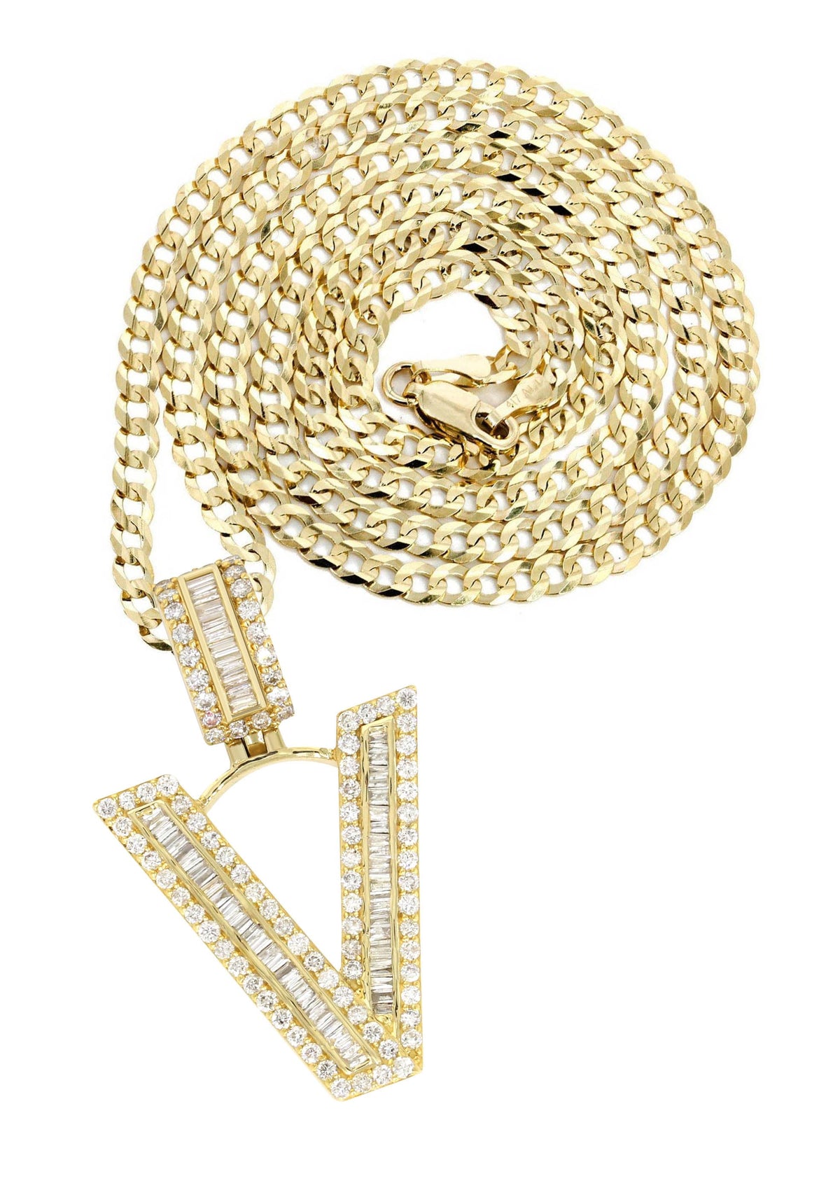 14K Yellow Gold Letter "V" Baguette Diamond Necklace | 1.81 Carats