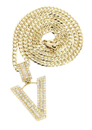 14K Yellow Gold Letter "V" Baguette Diamond Necklace | 1.81 Carats