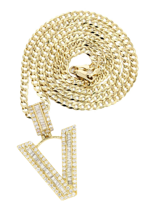 14K Yellow Gold Letter "V" Baguette Diamond Necklace | 1.81 Carats