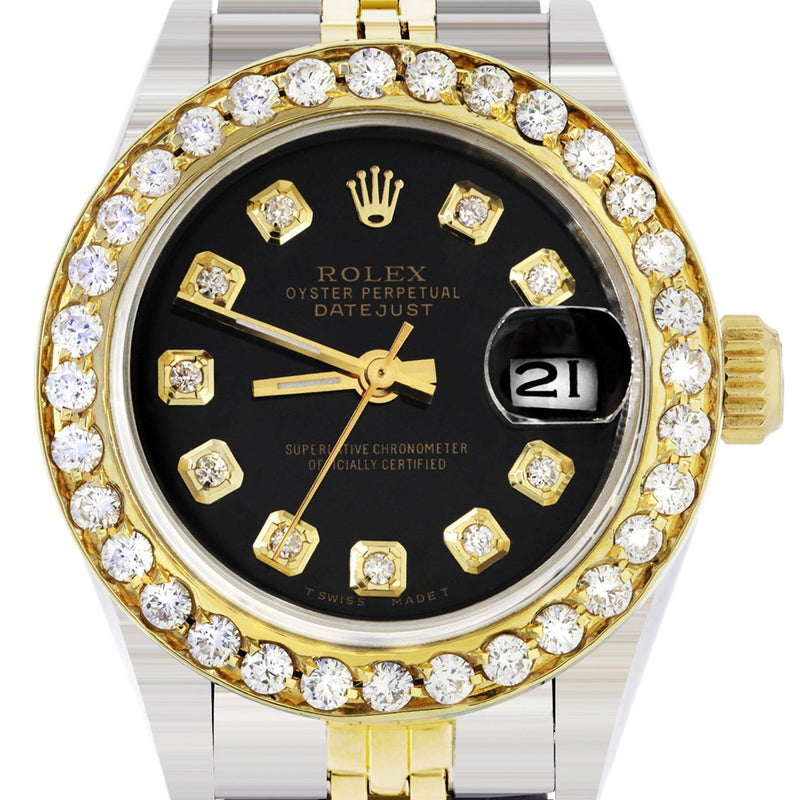 Womens Diamond Gold Rolex Watch | 1 Carat Bezel | 26Mm | Black Dial | Jubilee Band