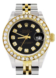 Womens Diamond Gold Rolex Watch | 1 Carat Bezel | 26Mm | Black Dial | Jubilee Band