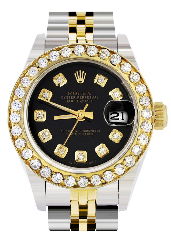 Womens Diamond Gold Rolex Watch | 1 Carat Bezel | 26Mm | Black Dial | Jubilee Band