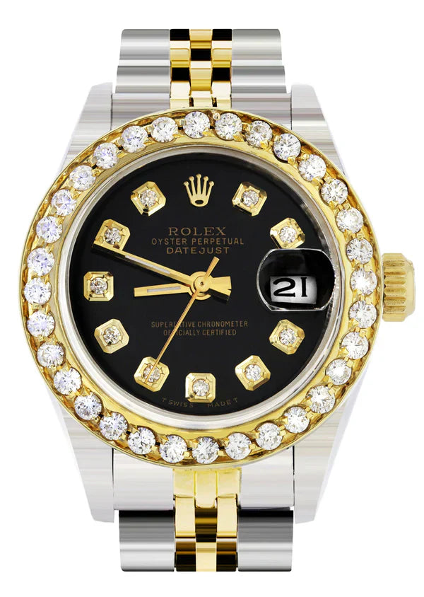 Diamond Rolex Datejust Gold Watch for Women | 1 Carat Bezel | 26MM | Black Dial | Jubilee Band