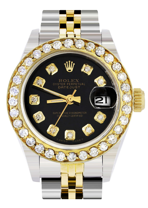 Womens Diamond Gold Rolex Watch | 1 Carat Bezel | 26Mm | Black Dial | Jubilee Band