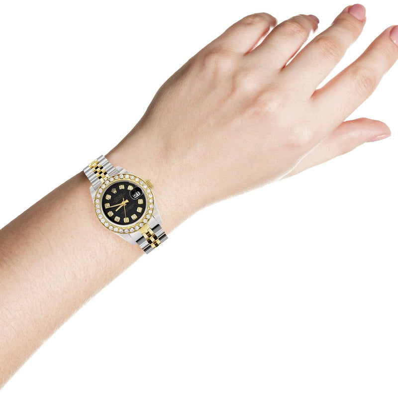 Womens Diamond Gold Rolex Watch | 1 Carat Bezel | 26Mm | Black Dial | Jubilee Band