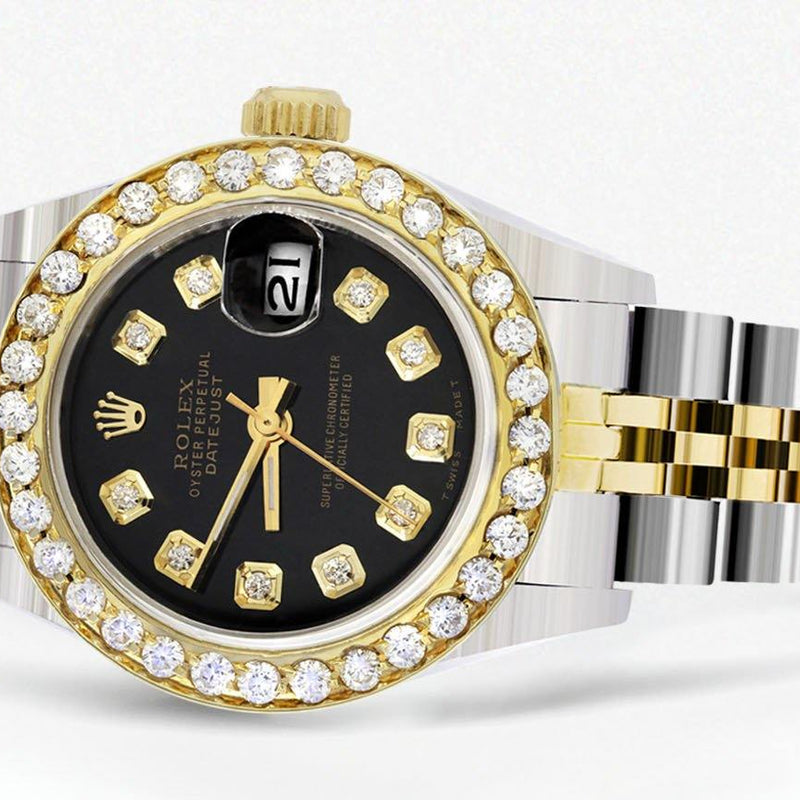 Womens Diamond Gold Rolex Watch | 1 Carat Bezel | 26Mm | Black Dial | Jubilee Band