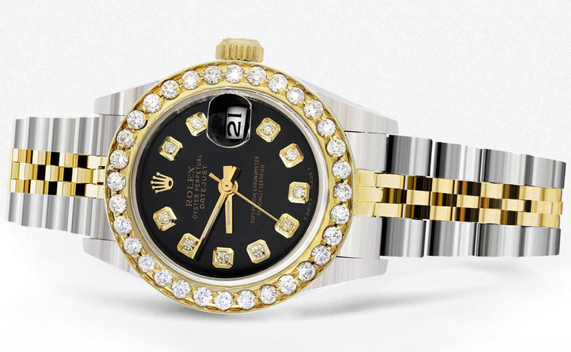 Womens Diamond Gold Rolex Watch | 1 Carat Bezel | 26Mm | Black Dial | Jubilee Band
